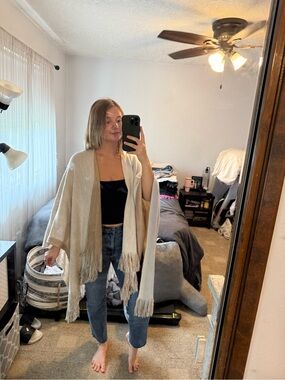 Sonoma Cream Fringe Open-Front Poncho Sweater
